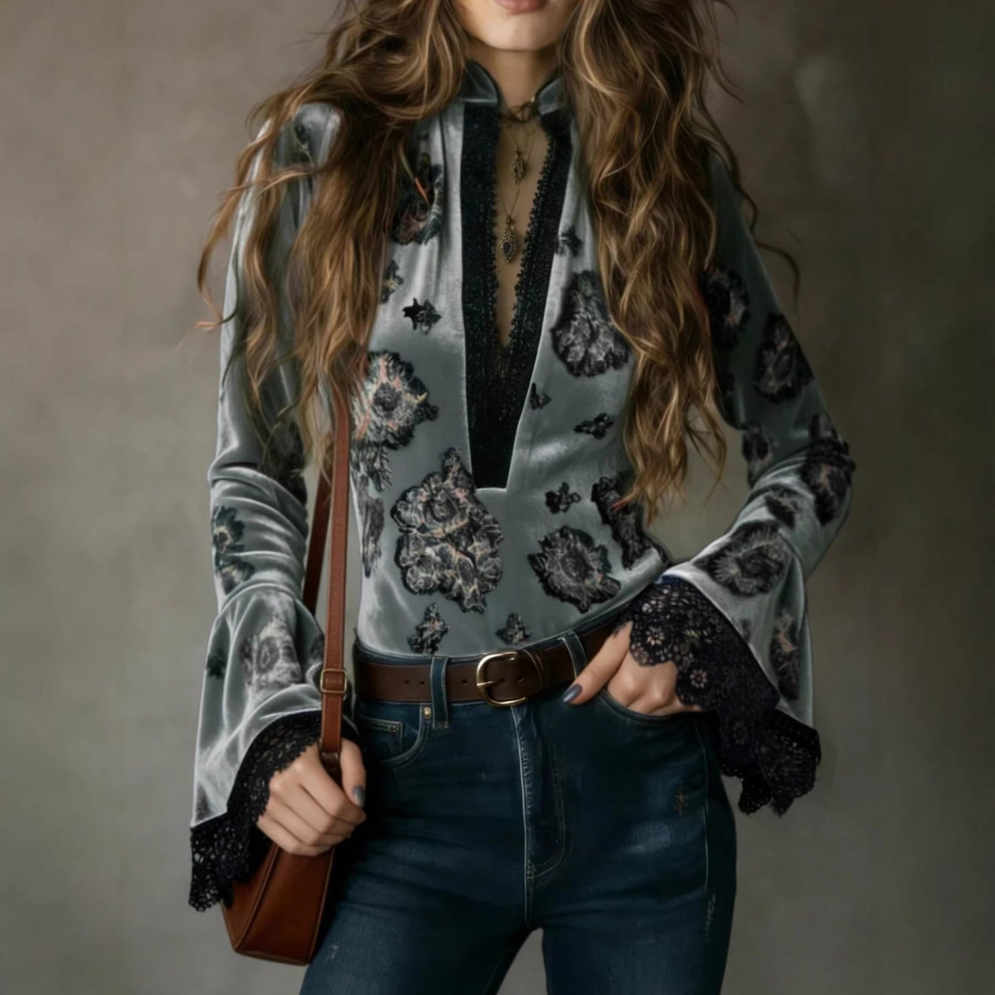 Women's Floral Lace V-Neck Bell Sleeve Blouse