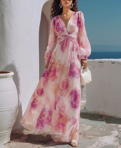 Pink Floral V-Neck Lantern Sleeve Maxi Dress