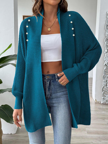 Women's Solid Color Loose Sweater Pearl Bead Women's Cardigan Jacket