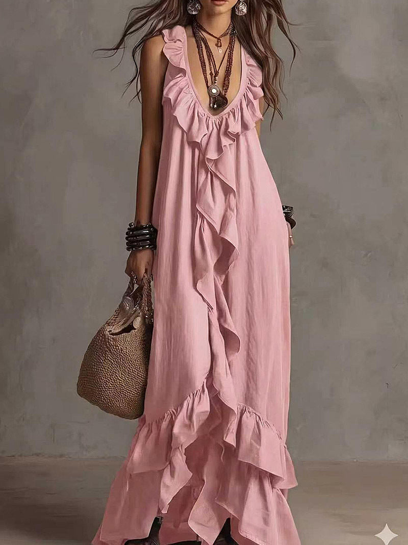 Women's Boho Ruffle V-Neck Sleeveless Maxi Dress