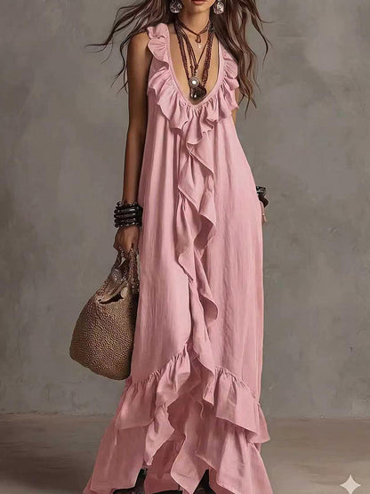 Women's Boho Ruffle V-Neck Sleeveless Maxi Dress