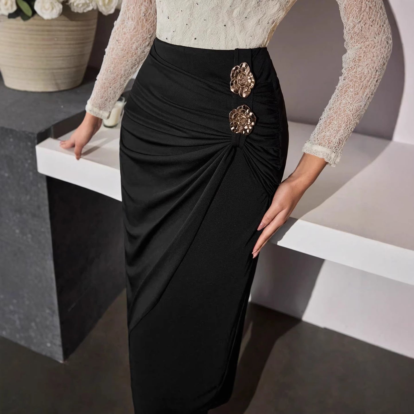 Ruched High Waist Maxi Skirt Gold Buckle Bodycon Skirt