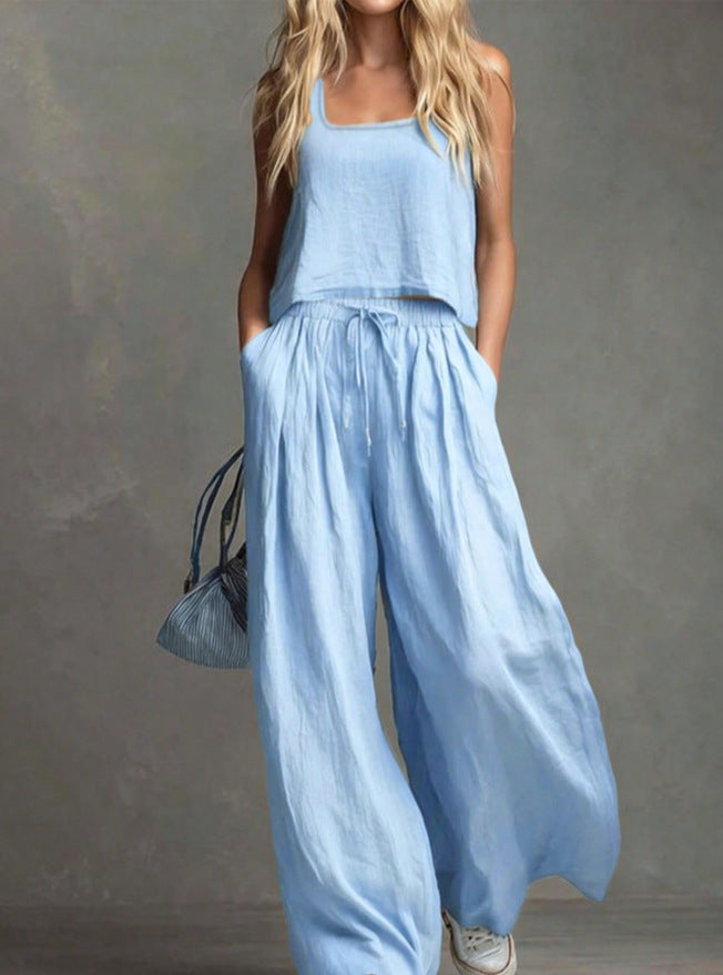 Women's Linen Look Matching Set Tank Wide Leg Pants