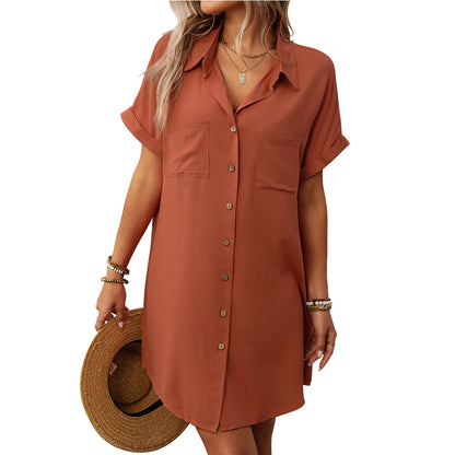 Striped Short Sleeve Shirt Dress Casual Summer Style