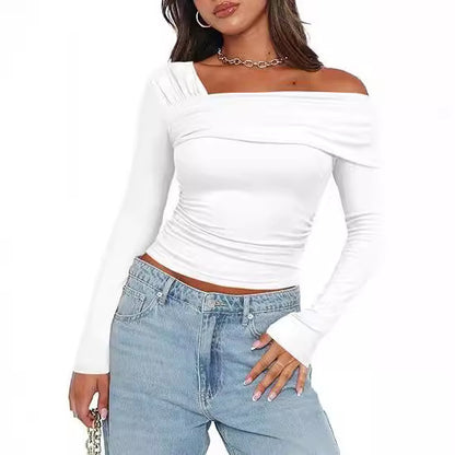 Women's Y2K One Shoulder Ruched Long Sleeve Crop Top