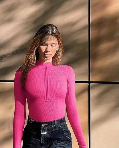 Sexy Long Sleeve Ribbed Zip Front Mock Neck Bodysuit