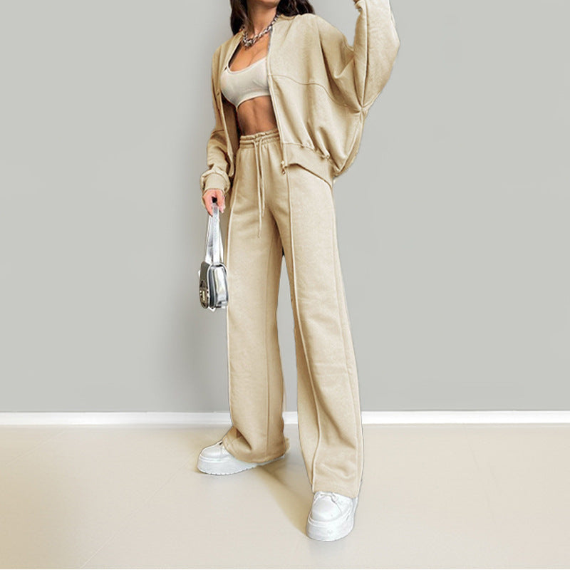 Solid Two Piece Lounge Set Zip Sweatshirt Wide Leg Pants