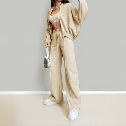 Solid Two Piece Lounge Set Zip Sweatshirt Wide Leg Pants