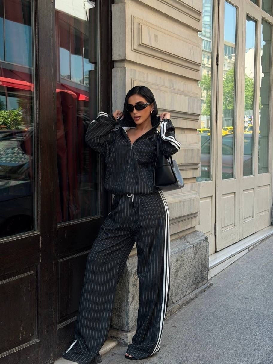 Women Side Stripe Zip Jacket Wide Leg Pants Two Piece Set