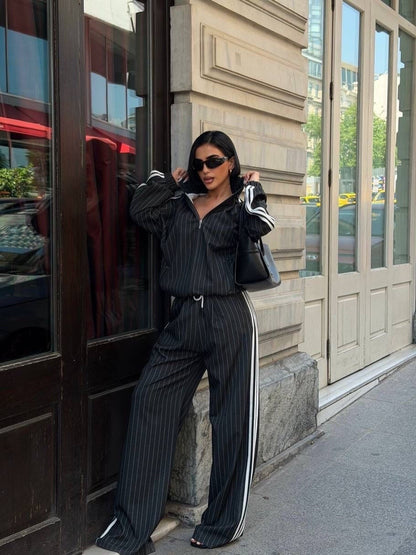 Women Side Stripe Zip Jacket Wide Leg Pants Two Piece Set