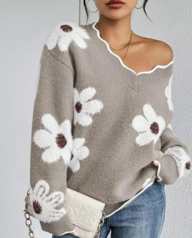 Women's V Neck Floral Fuzzy Pullover Sweater