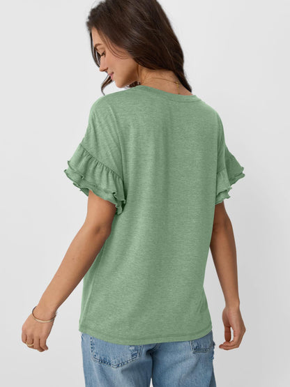 Women’s Ruffle Sleeve Crew Neck Tee Casual Summer Top