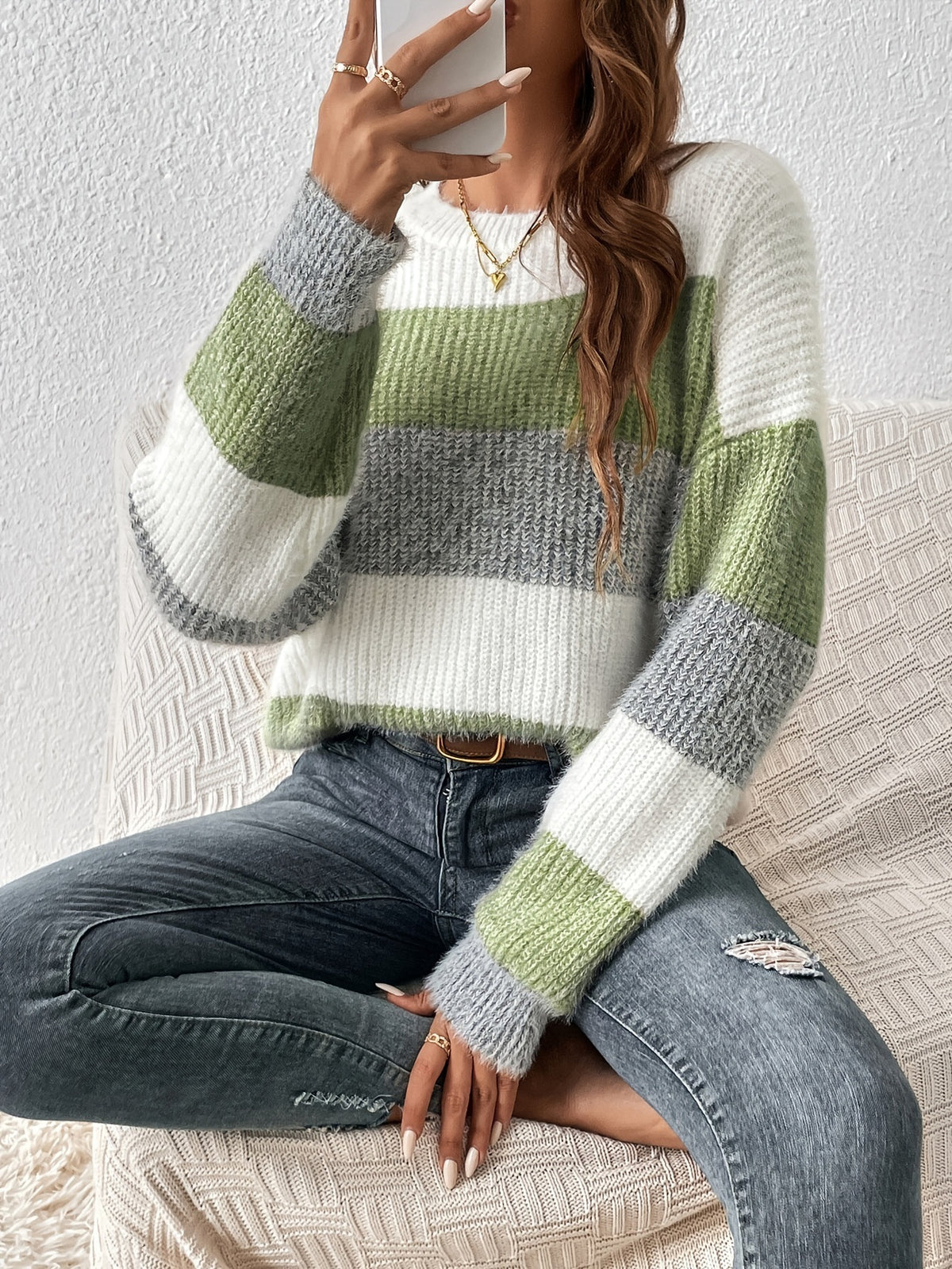 Women's Striped Color Block Crew Neck Knit Sweater