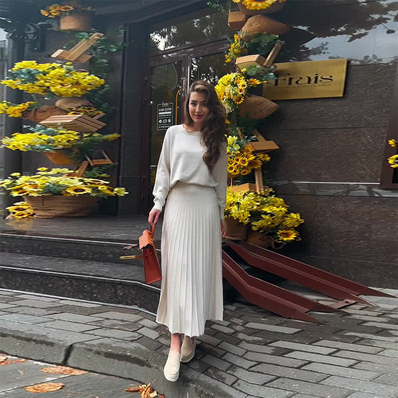 Women's Two Piece Pleated Maxi Skirt Set Long Sleeve