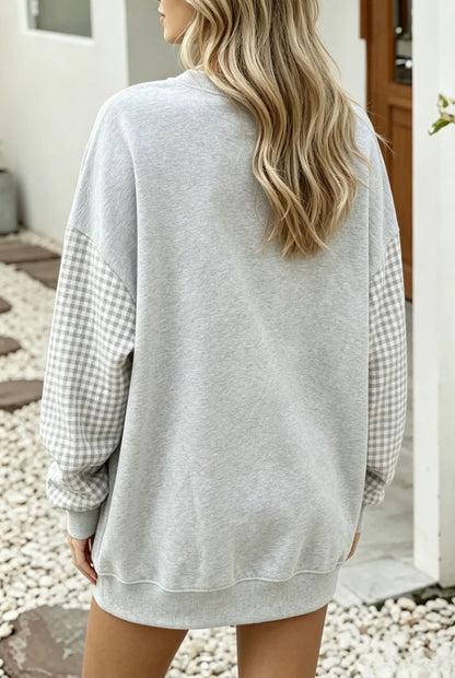Gingham Sleeve Oversized Crewneck Sweatshirt