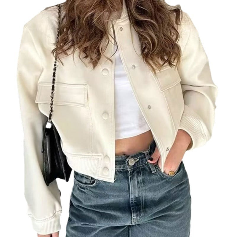 Women's Cropped Utility Jacket Stand Collar Button Front