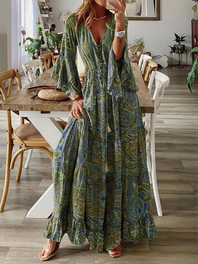 Women's Boho Floral V-Neck Bell Sleeve Maxi Dress Flowy