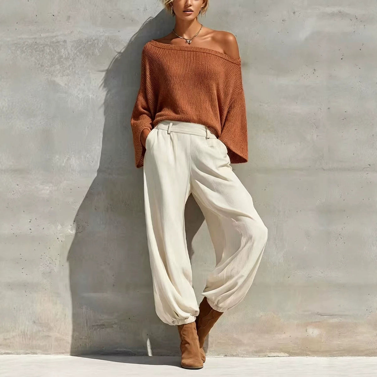 Women's Off Shoulder Knit Top & Wide Leg Pants Set