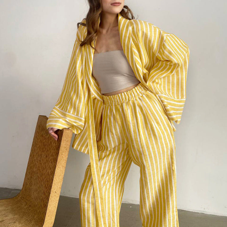 Striped Belted Top and Wide Leg Pants Matching Set