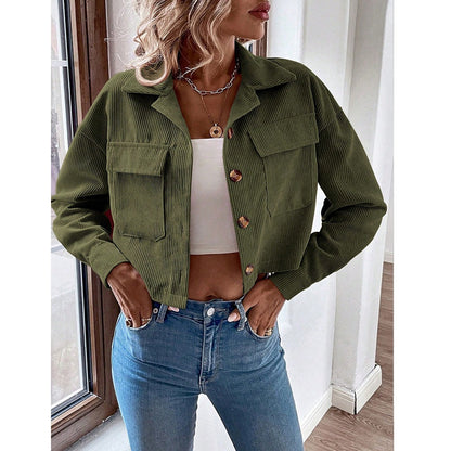 Women's Corduroy Cropped Jacket Button Front Long Sleeve