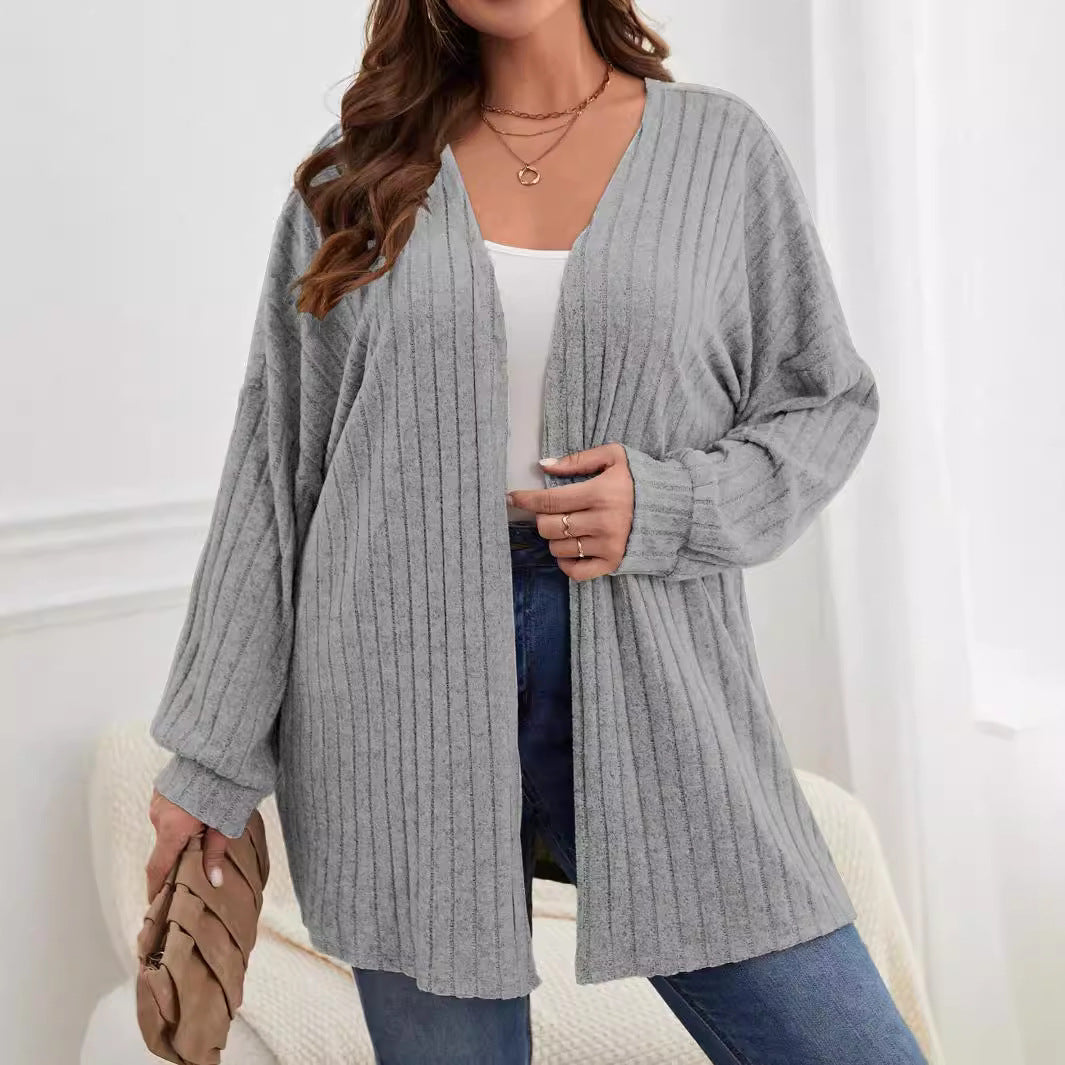 Women's Open Front Ribbed Knit Long Sleeve Cardigan