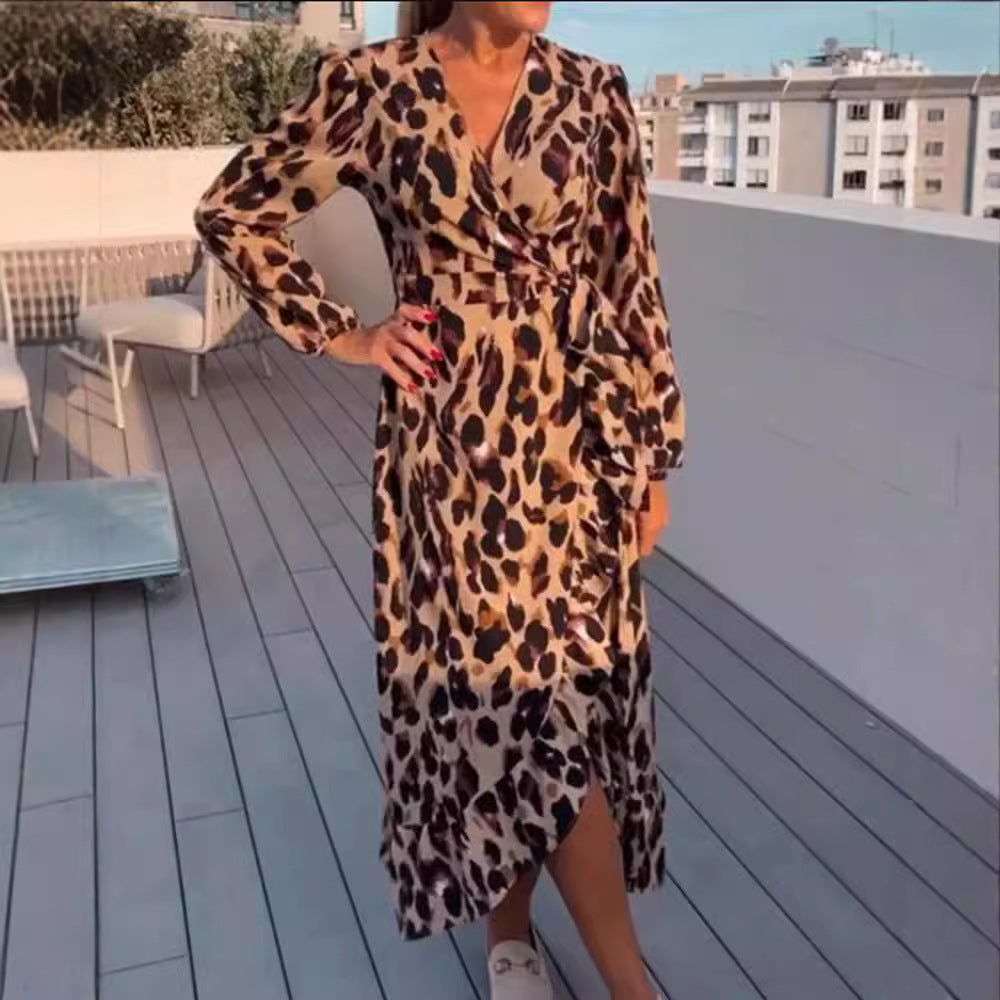 Women's Leopard Print Wrap Maxi Dress Long Sleeve V-Neck