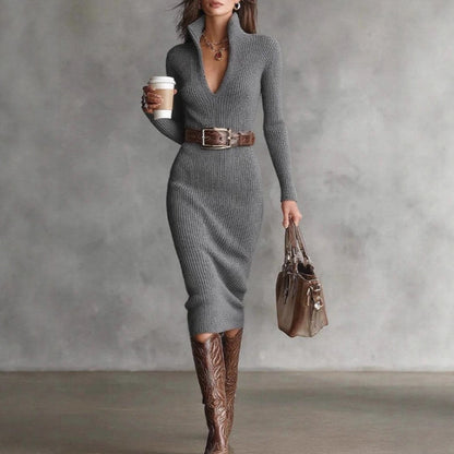 Belted Ribbed Bodycon Midi Sweater Dress High Neck