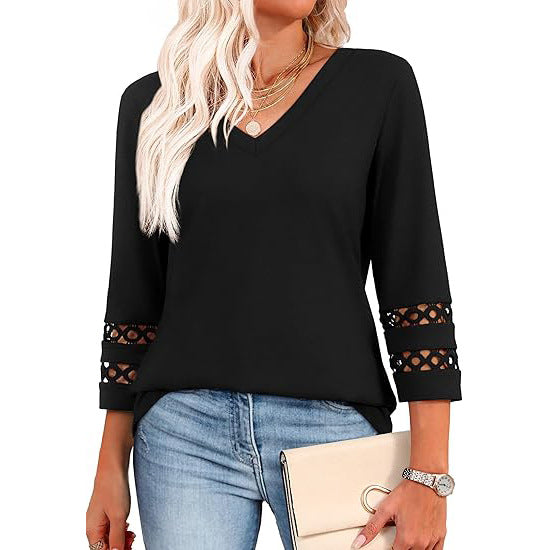 White V-Neck Lace Sleeve Casual Knit Top for Women