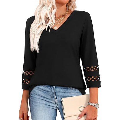 White V-Neck Lace Sleeve Casual Knit Top for Women