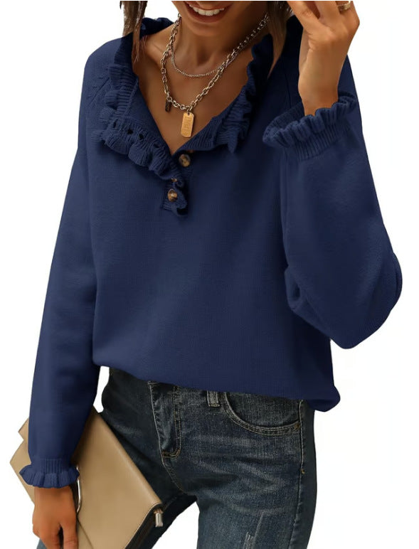 Women's Ruffle Button Knit Sweater Long Sleeve Tunic