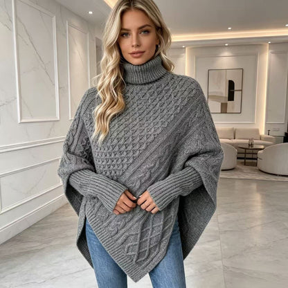 Women's Oversized Cable Knit Turtleneck Poncho Sweater