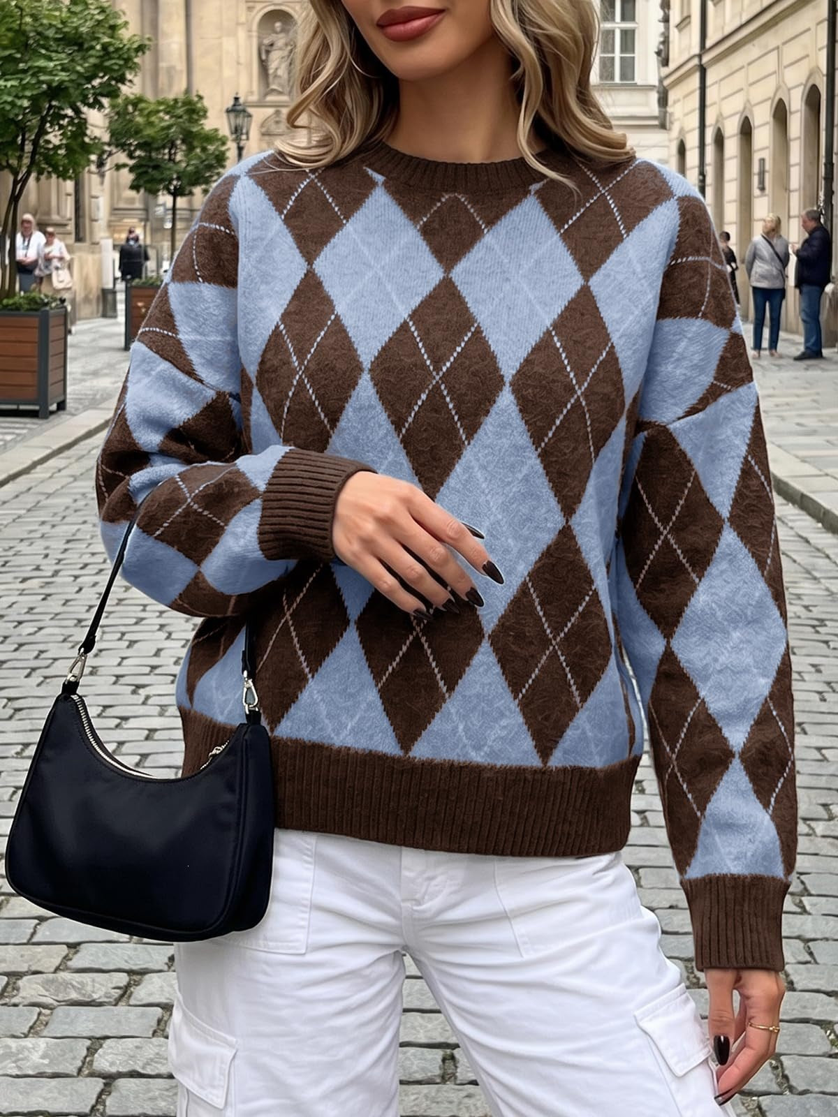 Women's Oversized Vintage Argyle Crewneck Sweater