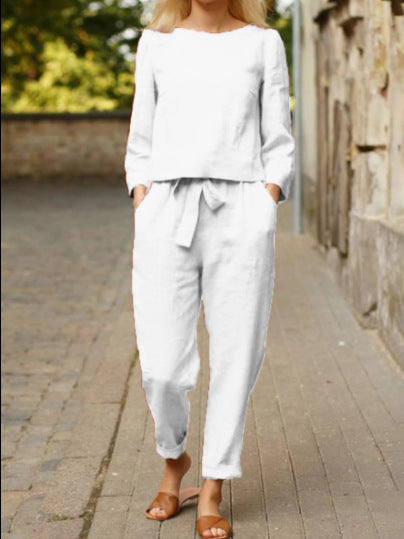 Women's Linen Blend Two Piece Set Long Sleeve Top & Pants