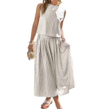 Women's Striped Cotton Tank & Midi Skirt Two-Piece Set