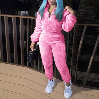 Womens Sherpa Fleece Half Zip 2 Piece Jogger Set