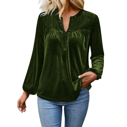 Velvet V Neck Button Top Long Sleeve Relaxed Fit Blouse