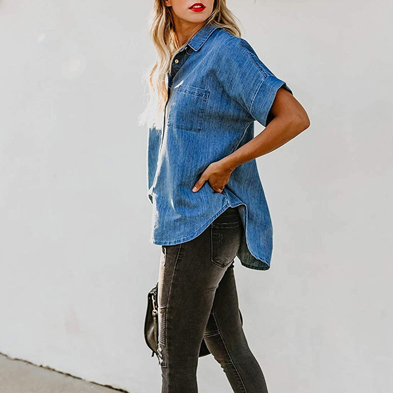 Loose Fit Denim Shirt Women Collared Short Sleeve Top