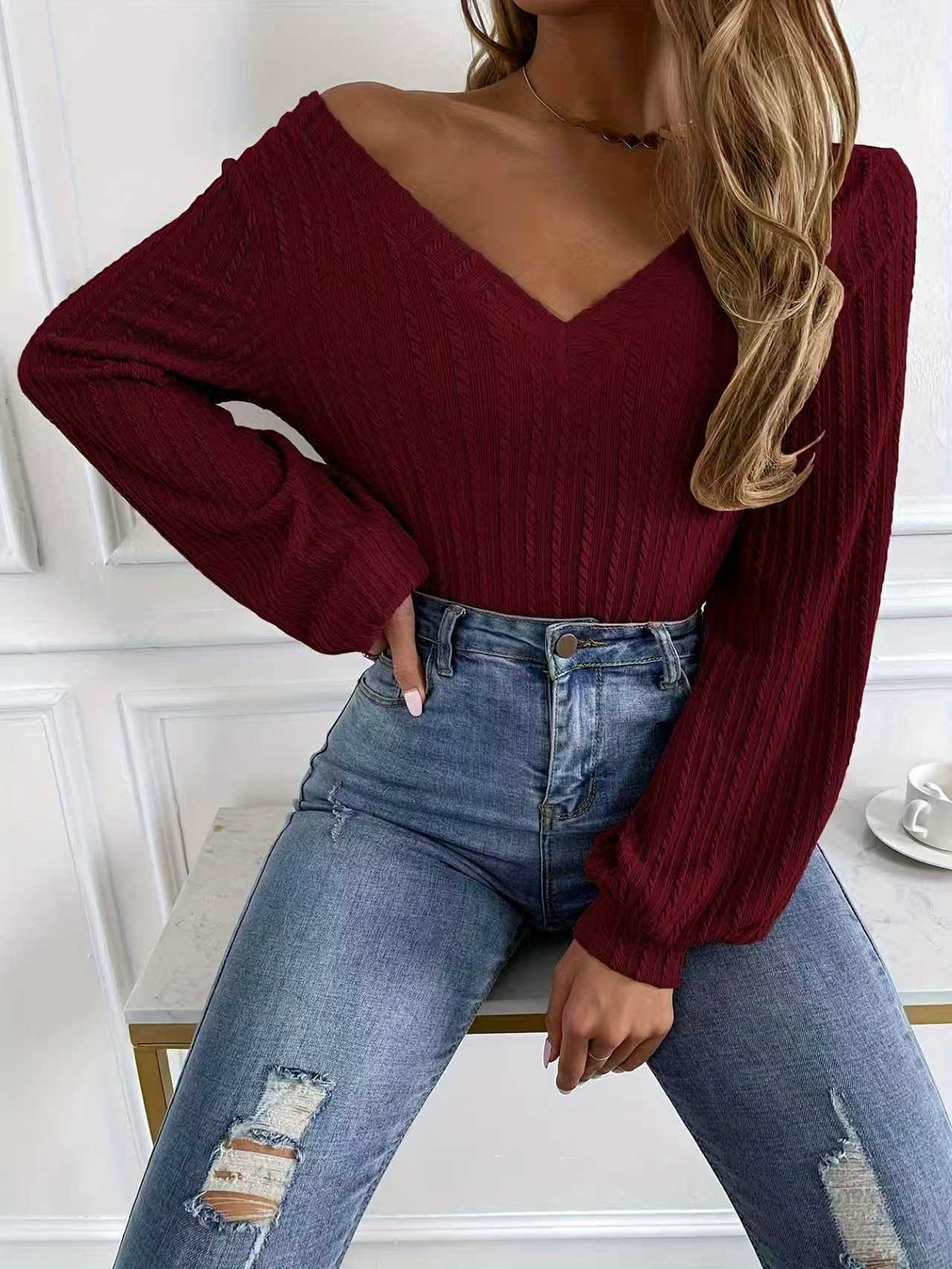 Women's Ribbed V Neck Puff Sleeve Long Sleeve Top
