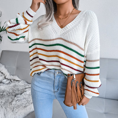 Women's Rainbow Striped Casual Loose Sweater