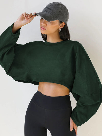 Women's Long Sleeve Oversized Cropped Crew Neck Sweatshirt