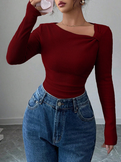 Women's Asymmetrical Neck Ruched Ribbed Long Sleeve Top