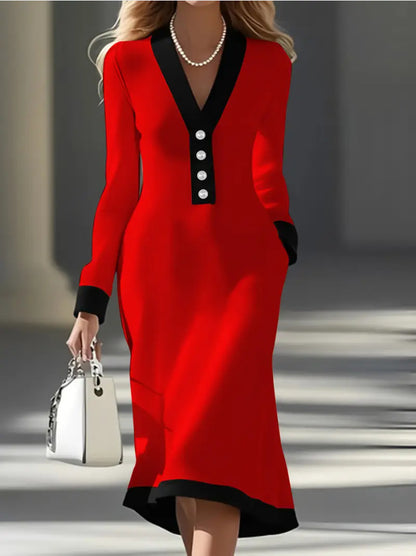 Colorblock V Neck Button Long Sleeve Midi Work Dress