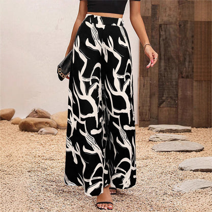 Women's Leaf Print Chiffon High Waist Wide Leg Pants