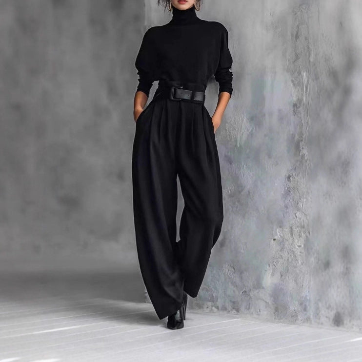 Women's Turtleneck Wide Leg Pants Two Piece Set with Belt