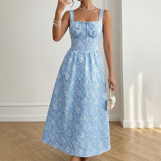 Blue Jacquard Square Neck Dress Sleeveless A-Line Mid-Length