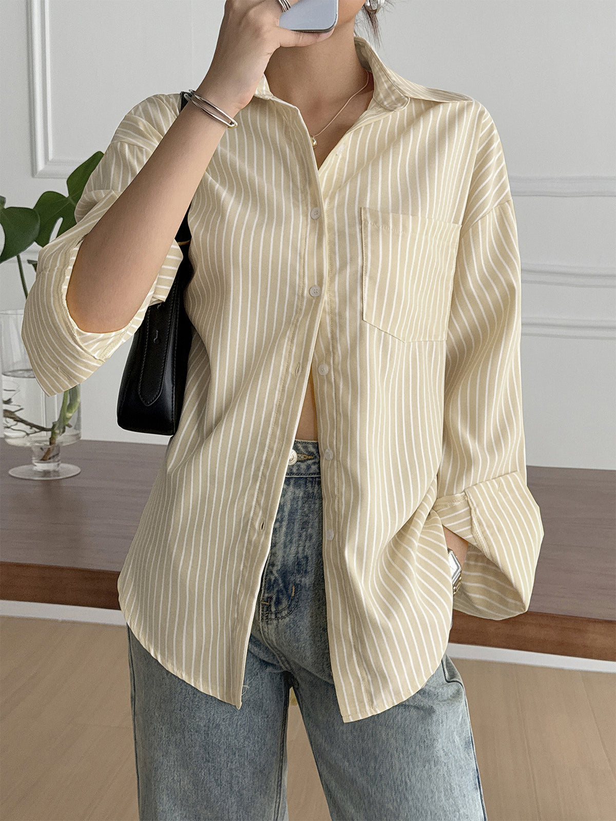 Oversized Striped Long Sleeve Button Down Shirt Women