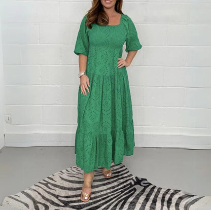 Eyelet Maxi Dress Square Neck Puff Sleeve Smocked