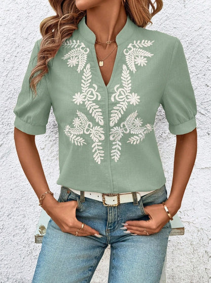 V Neck Embroidered Cotton Blouse Casual Summer Shirt