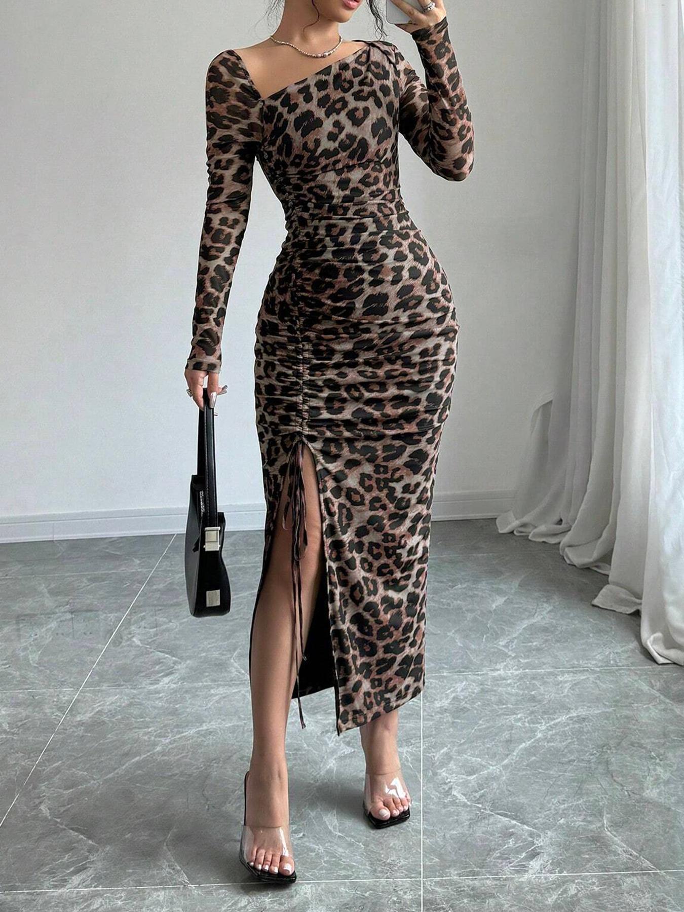 Leopard Mesh Asymmetrical Neck Ruched Bodycon Midi Dress