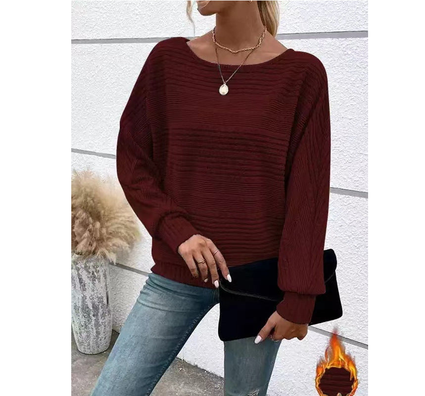 Women's Loose Ribbed Long Sleeve Crew Neck Pullover Top